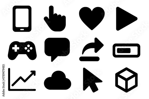 Bold Media Icons. Engaged Media silhouette icon set: smartphone, touchscreen hand, heart symbol, play icon, joystick, chat bubble, share arrow, progress bar, data line, cloud icon,
