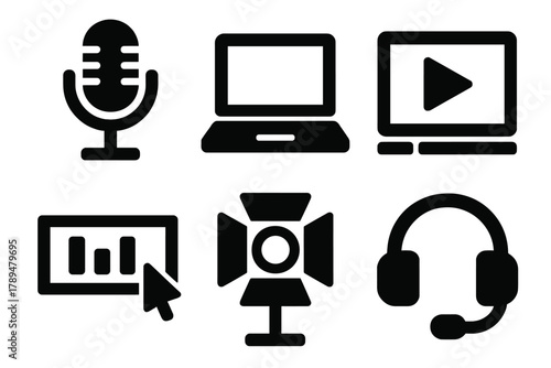 Brutalist Media Icons. Content Creation silhouette icon set: microphone, laptop, video frame, editing timeline, light, headset.