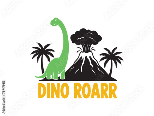 Prehistoric cartoon scene: long-necked dinosaur with volcano