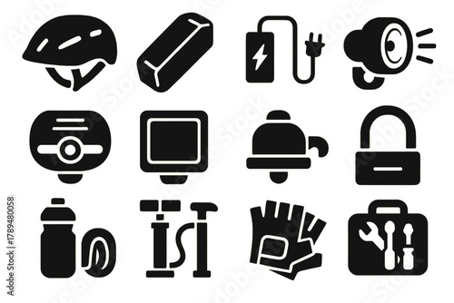 Bike Accessories Icons. Electric Bike Accessories Icons silhouette icon set: helmet, battery pack, charger, headlight, rear light, display screen, bell, lock, water bottle, tire