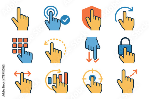 Modern Gesture Icons. Professional Gesture Controls flat icons: structured hand gesture, verified tap symbol, enterprise motion icon, precision rotate arrow, UI design grid,