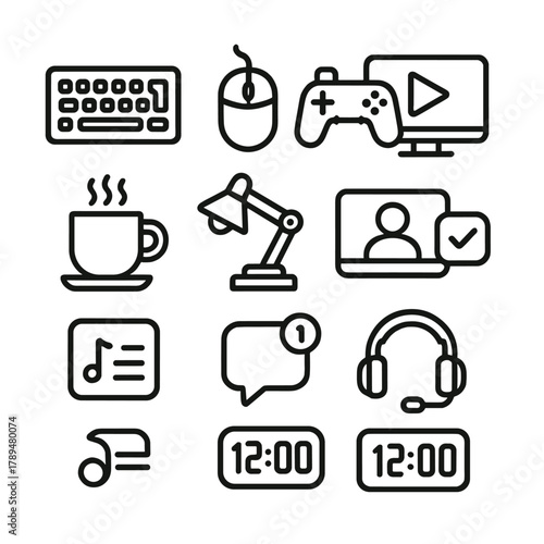 Modern Tech Icons. Modern Work & Play linear icon set: keyboard, mouse, gaming controller, streaming screen, coffee cup, desk lamp, online meeting icon, productivity app, playlist