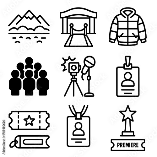 Sundance Festival Icons. Sundance Film Extravaganza – Festival Atmosphere linear icon set: mountain backdrop, red carpet, winter jacket, snowflake, venue banner, crowd silhouette,