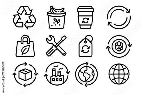 Circular Economy Icons. Circular Economy linear icon set: recycling loop, compost bin, reusable product, circular arrows, eco packaging, repair tool, reuse label, sustainable