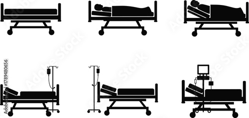 Hospital bed icon set, patient care silhouettes, medical equipment vector, healthcare symbols, emergency room graphics, flat hospital bed illustration