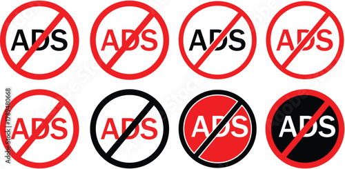 No Ads Icon Vector Art. No ad blocker icon set with red and black color.