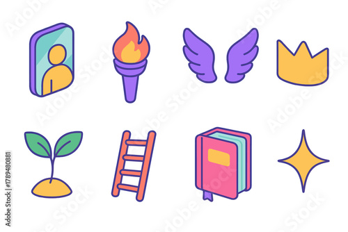 Self-Confidence Icons Set. Self-Confidence Growth modern flat icons set: mirror, torch, wings, plant sprout, crown, ladder, journal, spark icon.