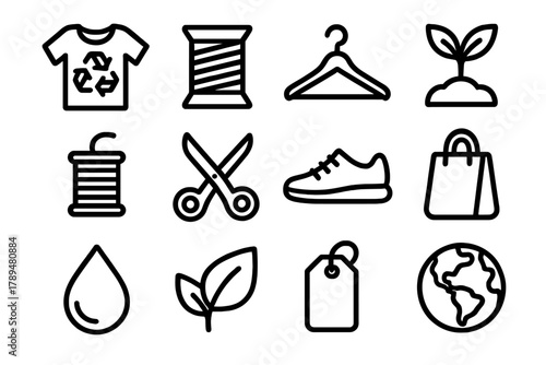Sustainable Fashion Icons. Green Fashion Movement Icons linear icon set: recycled clothing, spool, hanger, plant sprout, thread, scissors, shoe, bag, water droplet, leaf, tag,