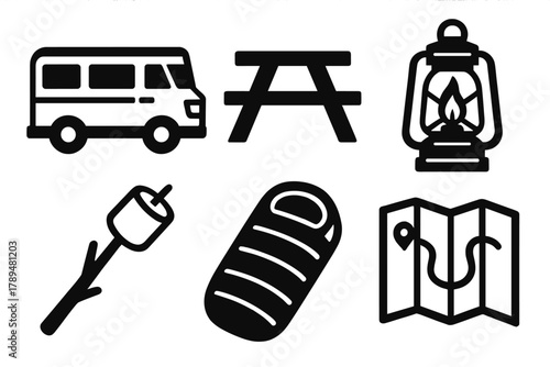 Brutalist Camping Icons. Family Camping silhouette icon set: camper van, picnic table, lantern, marshmallow, sleeping bag, map.