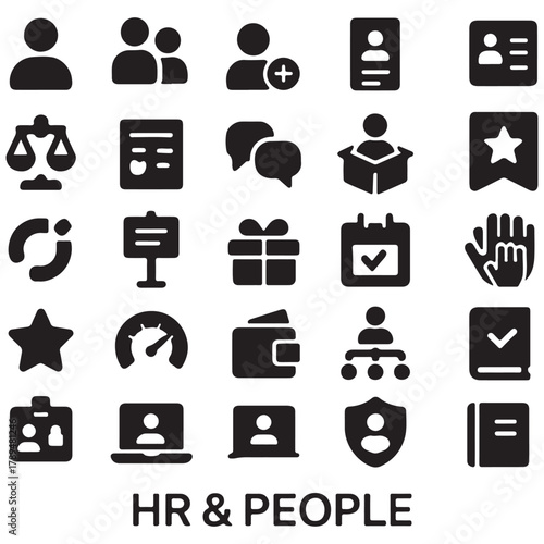 Human resources and people management icons set business administration and team work design elements