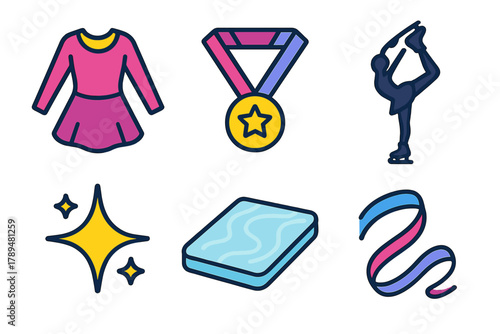 Isometric Figure Skating Icons. Figure Skating modern flat icons set: costume, medal, pose silhouette, sparkle, ice, ribbon.