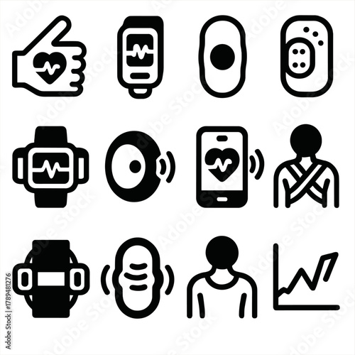 Health Device Icons. Health Monitoring Devices silhouette icon set: pulse sensor, blood oxygen meter, body temperature patch, sweat sensor, ECG device, motion sensor, connected