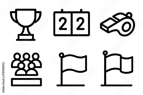 Event Icons Displayed. Competition Event linear icon set: trophy, scoreboard, whistle, crowd, stage light, flag.