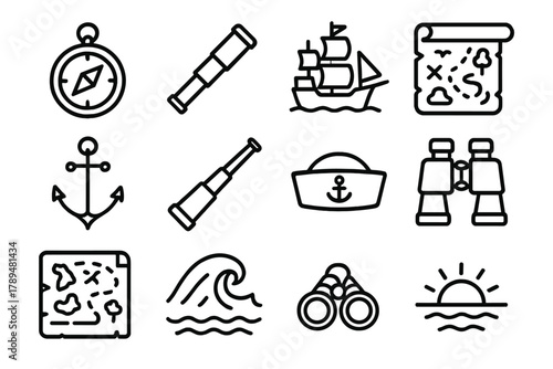 Exploration Icons. Robinson Crusoe Day – Adventure & Exploration linear icon set: compass, spyglass, sailing ship, map scroll, anchor, telescope, oar, sailor hat, binoculars,