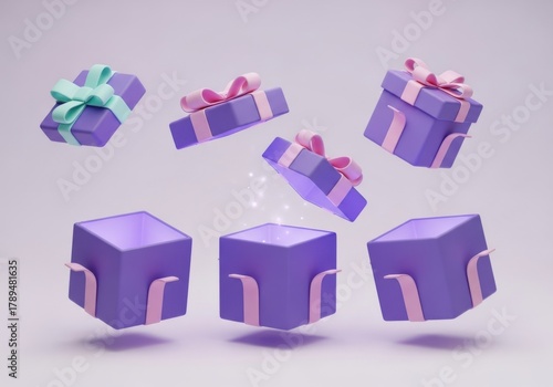 Floating purple gift boxes with bows and open surprise elements
