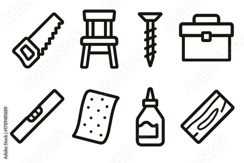 Crafting Tool Icons. Handmade Furniture linear icon set: saw, wooden chair, screw, tool box, level, sandpaper, glue, plank.