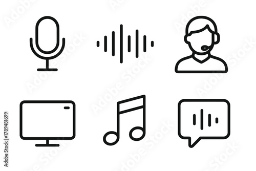 Voice Control Icons. Voice Control linear icon set: microphone, waveform, assistant icon, TV, music note, command bubble.