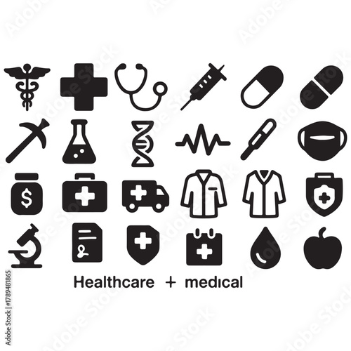 Healthcare and medical icons set in black and white representing medical equipment and professionals