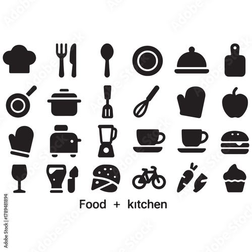 Black and white flat design kitchen and food icons representing culinary items and dining elements