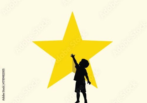 Silhouette of a child reaching for a large yellow star against a light background.