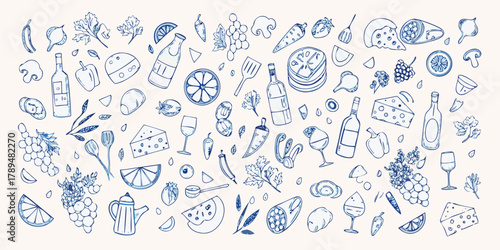 Hand drawn sketch of various food and drink items including fruits vegetables cheese and wine bottles on a light background