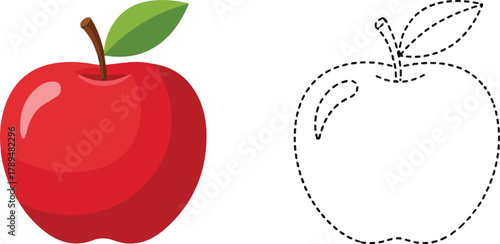 Cartoon red apple next to a dotted tracing line for educational coloring book activities isolated on white