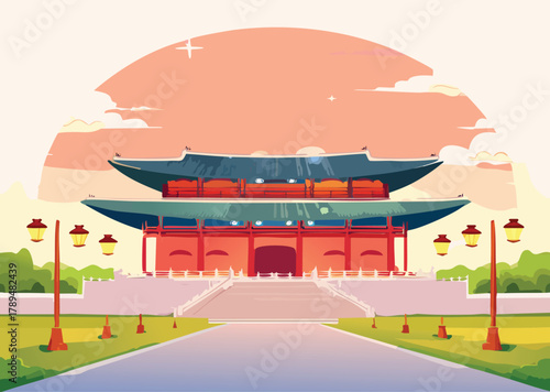 Stunning Gyeongbokgung Palace illustration invites cultural exploration and travel inspiration, showcasing Korean architecture in a charming, vibrant style