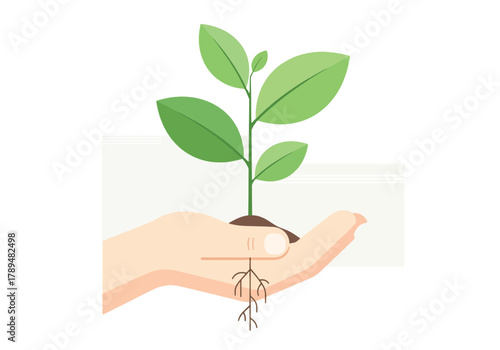 A hand tenderly cradles a small plant, showcasing its roots and leaves.