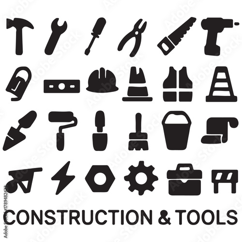 Construction and tools icon set in silhouette style for various industrial applications