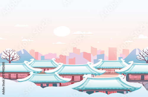 Peaceful winter in Asia with snow covered roofs and distant city skyline, ideal for greeting cards, travel posters, and holiday promotions