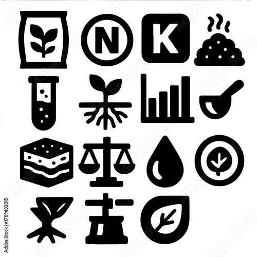 Bold Nutrient Icons. Nutrient Management silhouette icon set: fertilizer bag, nitrogen symbol, potassium icon, compost pile, test tube, root diagram, leaf health chart, measuring