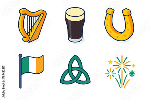Irish Celebration Icons. Irish Celebration modern flat icons set: harp, pint glass, horseshoe, flag, Celtic knot, fireworks.
