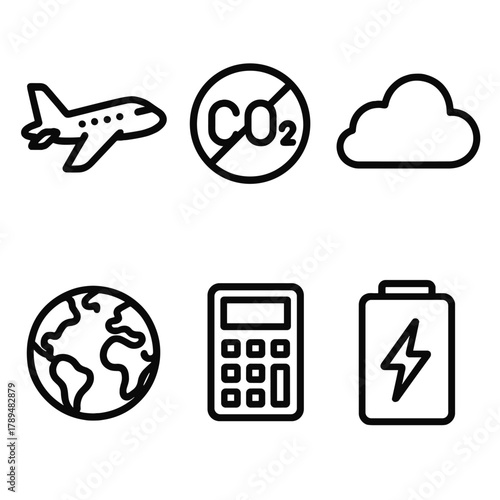 Carbon Neutral Icons. Carbon Neutral Travel linear icon set: airplane, offset symbol, cloud, calculator, earth, battery.