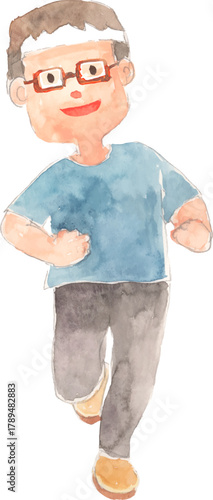 鉢巻をつけて走るお父さんの水彩イラスト、ベクター