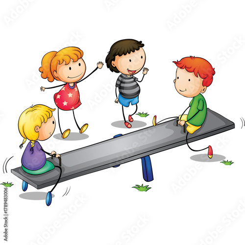 Four Diverse Cartoon Children Joyfully Playing on a Seesaw in a Park with Green Grass and a Bright Sunny Day Atmosphere