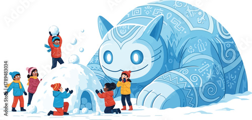 Children playing in the snow with a large snow creature and making an igloo on transparent background
