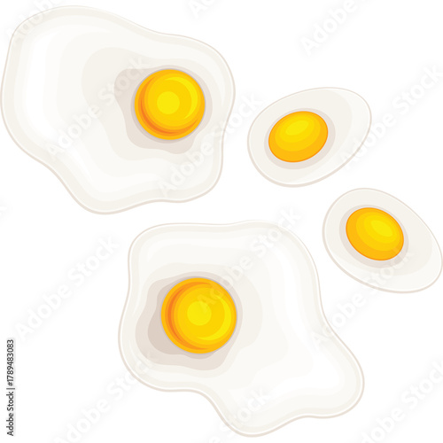 Four Fried Eggs Isolated on a Transparent Background Featuring Two Whole Sunny Side Up Eggs and Two Halved Boiled Eggs with Bright Yellow Yolks and White Egg Whites Detailed Food Illustration