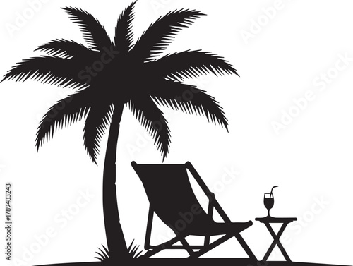 Tropical beach vacation silhouette vector with palm tree and reclining lounge chair.