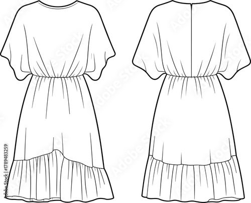 Fashion dress illustration, front and back view, short wide sleeves, gathered waistline, flared skirt, ruffled hem, technical garment design