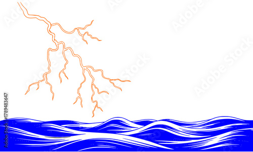 Orange lightning strike connecting with stylized blue ocean waves, dynamic weather illustration, abstract minimalist depiction of storm and water energy, isolated on white.