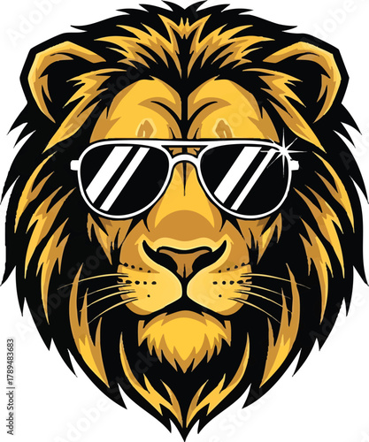 Cool lion head graphic with sunglasses and a majestic mane in black and yellow. A fun, stylish animal illustration for mascots, brands, or cool designs.