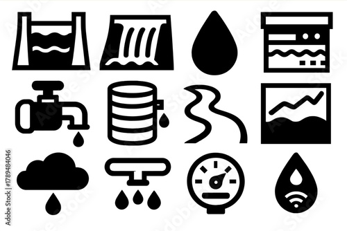 Water Resource Icons. Water Resource Management silhouette icon set: reservoir, dam, water droplet, filtration plant, pump, rainwater tank, river, chart, cloud, irrigation pipe,