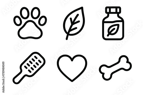 Holistic Pet Icons. Holistic Pet Health linear icon set: paw print, leaf, herbal bottle, brush, heart, bone.