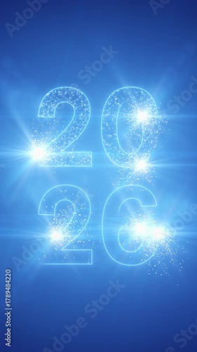 Vertical video animation of abstract neon light with the numbers 2026 over blue background - represents the new year - vacation concept.