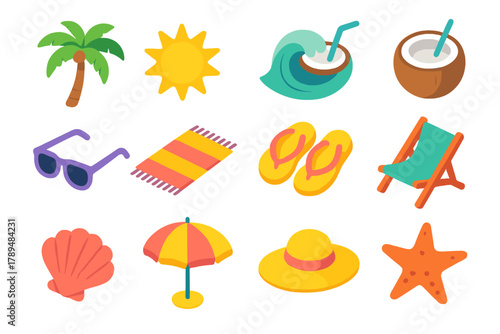 Summer Escape Icons. Summer Escape Icons modern flat icons set: palm tree, sun, wave, coconut, sunglasses, towel, flip flops, beach chair, shell, umbrella, hat, starfish.