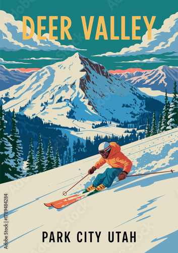 Vintage Ski Poster. Deer Valley USA Winter Resort Travel Design Vector