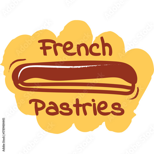 French Pastries Text Logo with Chocolate Eclair Illustration on Yellow Cloud Shape Transparent Background