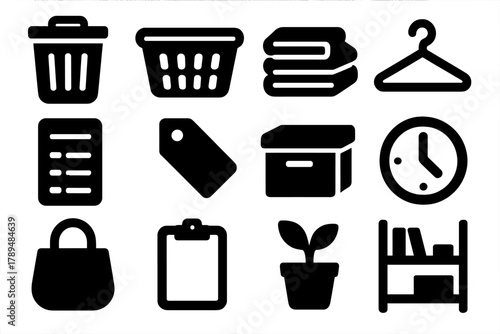 Bold Decluttering Icons. Decluttering Icons silhouette icon set: trash bin, basket, folded clothes, hanger, checklist, label, storage box, clock, bag, clipboard, plant, shelf.