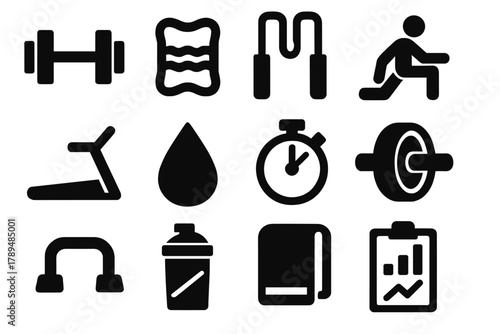 Bold Fitness Icons. Fitness & Conditioning silhouette icon set: dumbbell, resistance band, skipping rope, stretching pose, treadmill, sweat droplet, stopwatch, ab roller, push-up
