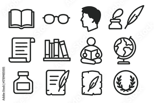 Robinson Crusoe Icons. Robinson Crusoe Day – Cultural Legacy linear icon set: book cover, reading glasses, portrait silhouette, quill pen, literary scroll, bookshelf, ink bottle,
